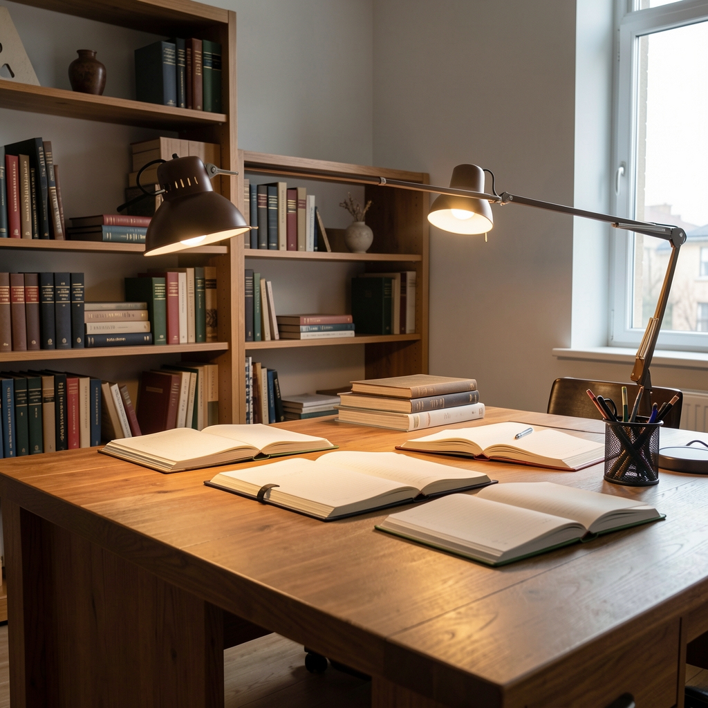 Editorial workspace with a large desk, open notebooks, reference books stacked on shelves, and warm directional desk lighting in a calm studio environment