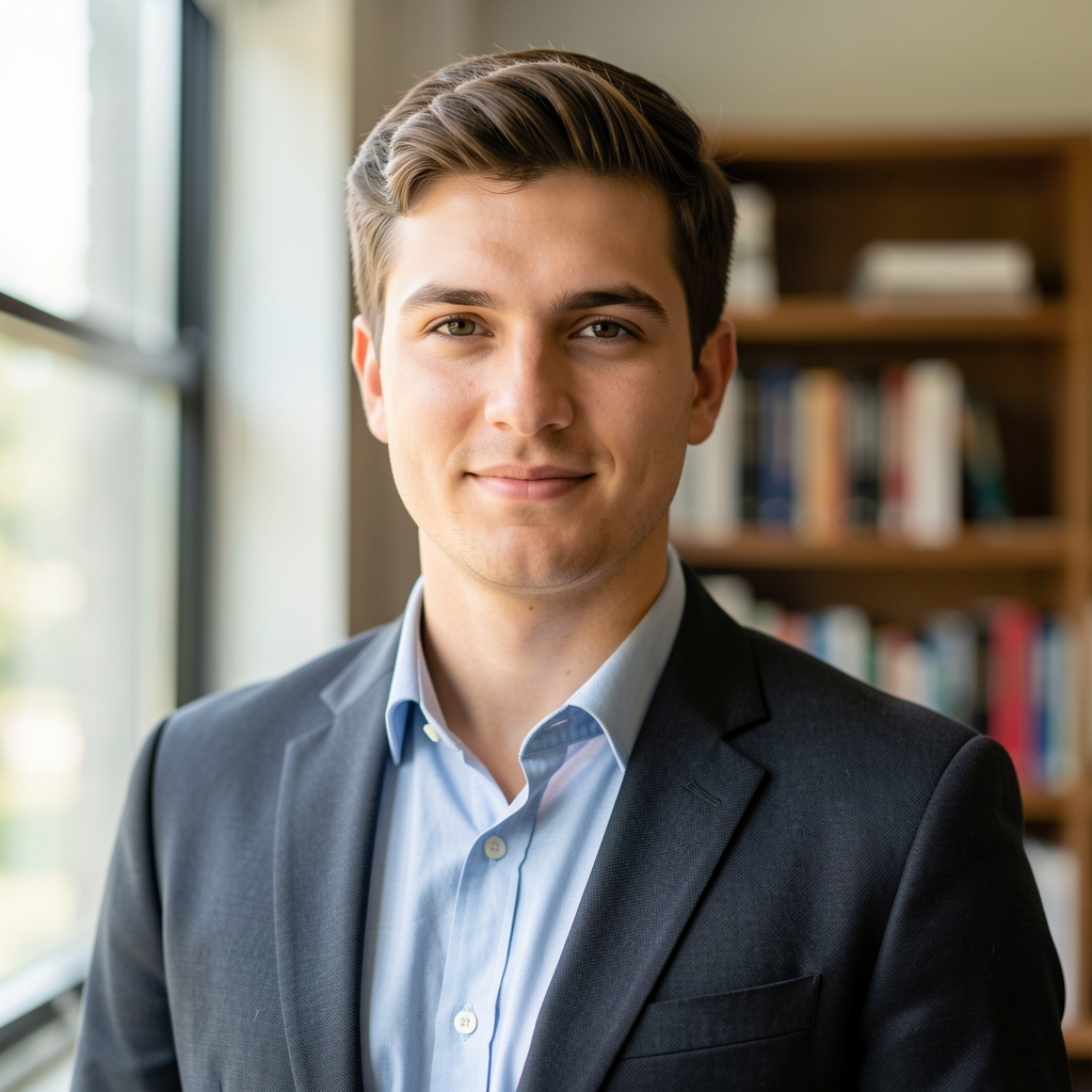 Editorial portrait of Tobias Marsden, founding editor, in natural window light with a blurred bookshelf in the background
