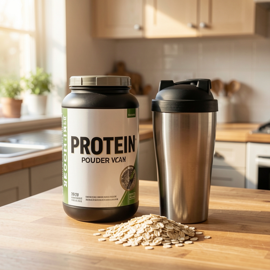Protein powder canister beside a stainless steel shaker cup and rolled oats on a wooden kitchen counter in morning light