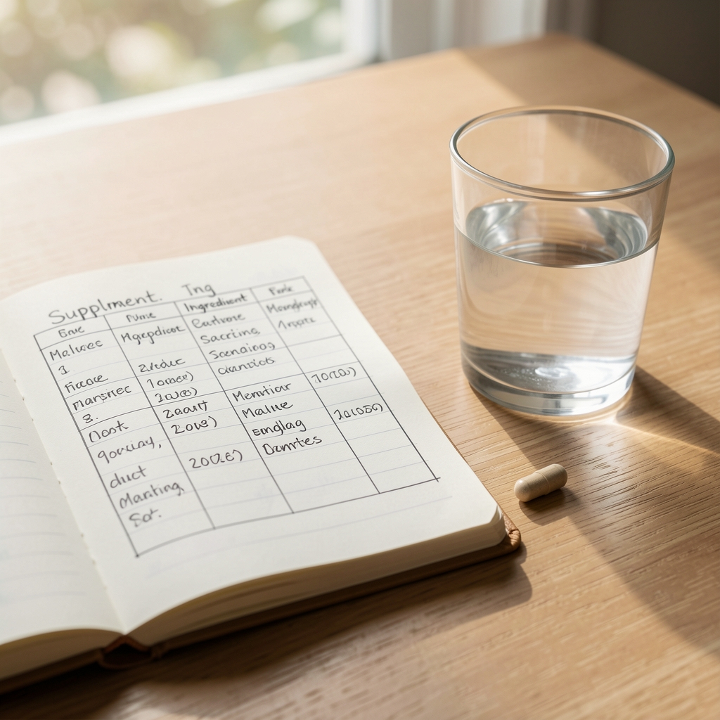 Open notebook with handwritten supplement ingredient tracking grid beside a morning glass of water and a single mineral soft-gel in natural daylight