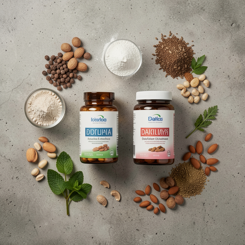 Flat lay of daily supplement containers with natural ingredient samples arranged on a concrete workspace surface under controlled studio lighting